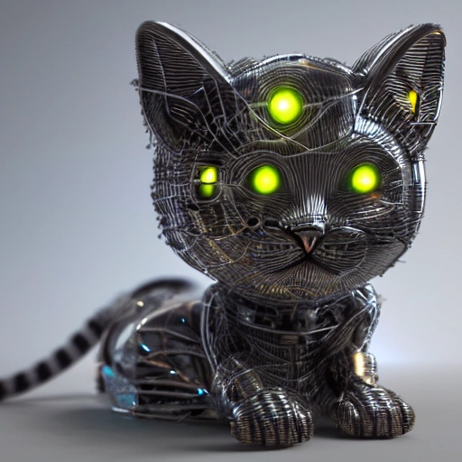 , 3DA hyper-detailed complex 3d render of a cute cyborg kitten made out of metal, glowing cinematic, detailed wire, vibrant details, unreal engine, octane render, cinematic shot, flawless detail, award-winning, expertly crafted, meticulously composed photography, creative, 8k, rim light, dynamic lighting