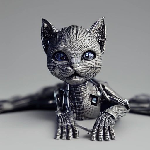 , 3DA hyper-detailed complex 3d render of a cute cyborg kitten made out of metal, glowing cinematic, detailed wire, vibrant details, unreal engine, octane render, cinematic shot, flawless detail, award-winning, expertly crafted, meticulously composed photography, creative, 8k, rim light, dynamic lighting