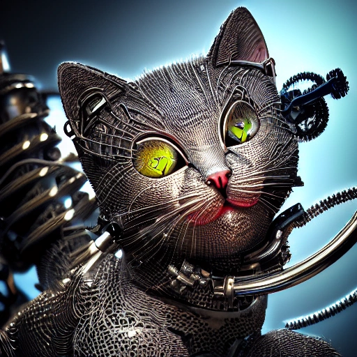 , 3DA hyper-detailed complex 3d render of a cute cyborg kitten made out of metal, glowing cinematic, detailed wire, vibrant details, unreal engine, octane render, cinematic shot, flawless detail, award-winning, expertly crafted, meticulously composed photography, creative, 8k, rim light, dynamic lighting