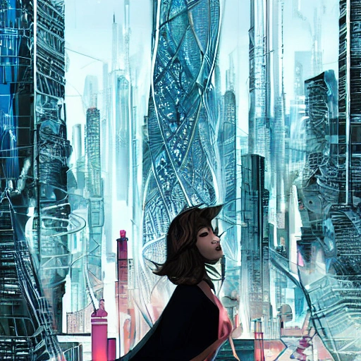 Behold a mesmerizing sight of a young woman amongst a high-tech futuristic cityscape, bursting with vibrant and extreme details." --ar 9:16 