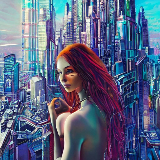 Behold a mesmerizing sight of a young woman amongst a high-tech futuristic cityscape, bursting with vibrant and extreme details." --ar 9:16 