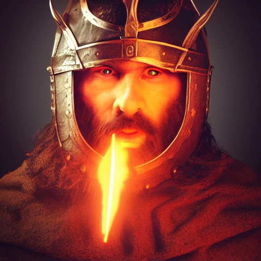 Hyper-realistic, front-view close-up portrait of a furious Viking bursting into flames, smoke, embers, (symmetrical composition)+, (eye contact)+, epic, celestial, moody, cinematic lighting, lens flare, highly detailed, sharp focus, octane render, HDRI, intense, dramatic, warm colors, fiery effect, professional, 35mm, 8k, IMAX, (mouth closed)+, viking helmet on his head, dark studio, low key, high contrast, dark background, flawless detail, award-winning, expertly crafted, detailed pupils, unreal engine