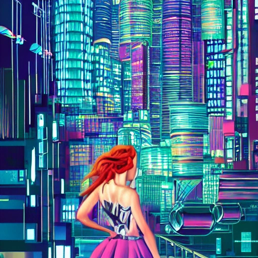 Behold a mesmerizing sight of a young woman amongst a high-tech futuristic cityscape, bursting with vibrant and extreme details." --ar 9:16 