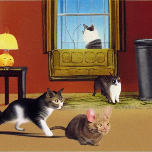 The cat chases the mouse, the dog chases the cat，cozy，funny，twentieth century，color picture，2k，1920X1080, 3D