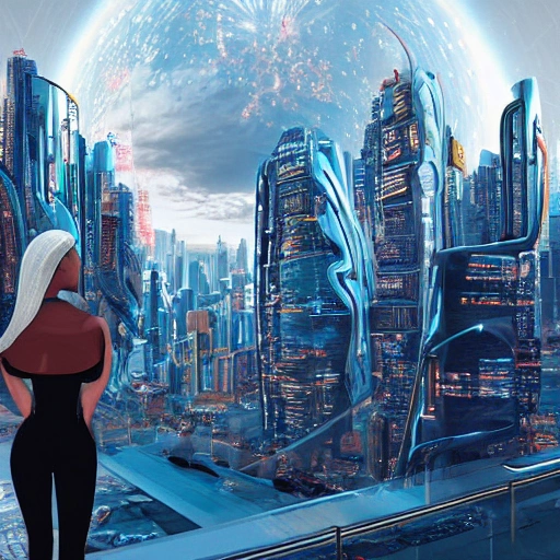 Behold a mesmerizing sight of a young woman amongst a high-tech futuristic cityscape, bursting with vibrant and extreme details." --ar 9:16 , 3D