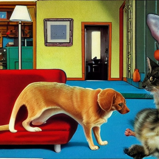 Tcat chases mouse, dog chases cat，cozy，funny，twentieth century，color picture，2k，1920X1080, 3D, Trippy