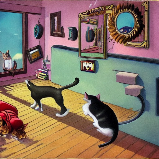Tcat chases mouse, dog chases cat，cozy，funny，twentieth century，color picture，2k，1920X1080, 3D, Trippy, Trippy, Cartoon, Oil Painting, Cartoon