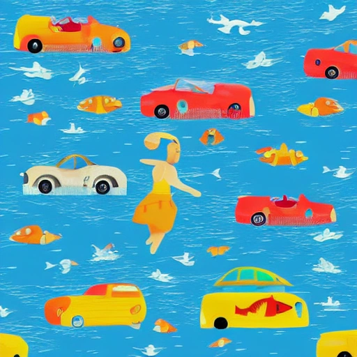 world under sea. detailed buildings and walking people. swimming bird on the water sky. children swim everywhere. building and cars has detailed draw