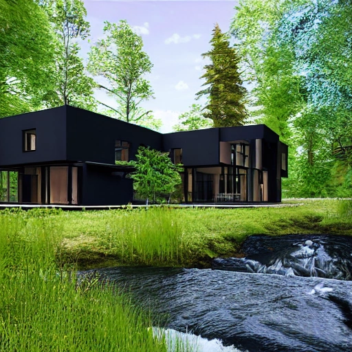 a beautiful modern and very contemporary house made of dark wood, in the middle of a swedish green forest, with a waterfall and a river close by. Photographic style. High details. very realistic. 8k, full details. --ar 16:9 --uplight --s 750 --v 5