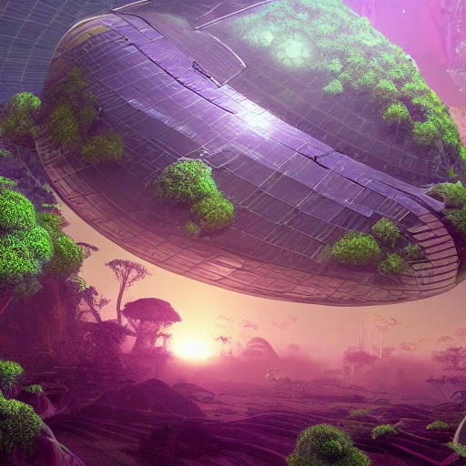 Generate an image of a sprawling space station on the surface of a lush moon, with large biodomes providing a view of the vibrant plant life outside. The scene should be filled with a sense of harmony and balance between technology and nature.