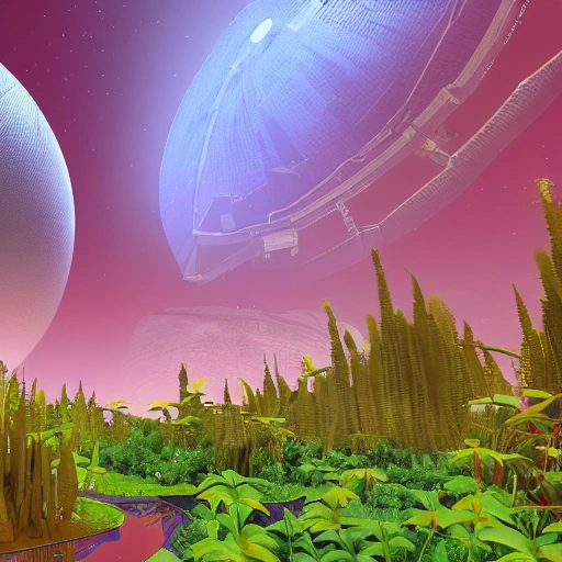 Generate an image of a sprawling space station on the surface of a lush moon, with large biodomes providing a view of the vibrant plant life outside. The scene should be filled with a sense of harmony and balance between technology and nature.
