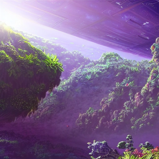 Generate an image of a sprawling space station on the surface of a lush moon, with large biodomes providing a view of the vibrant plant life outside. The scene should be filled with a sense of harmony and balance between technology and nature. high defination and ultra detailed, Cartoon