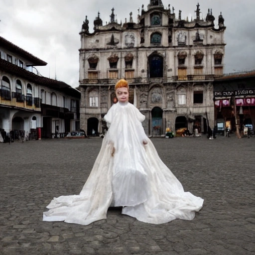 crea imagen, de princesa de hermoso rostro, muy detallado, rostro muy detallado, vestido largo, blanco, transparente, montada sobre dragon, gigante, muy realista, con grandes garras, y grandes colmillos, en mitad de una plaza de un pueblo de la epoca del dragon, Trippy