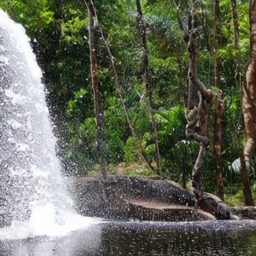 mujer morena sentada tigre bengala senado al lado detras cascada de agua arriba sol 
, Trippy