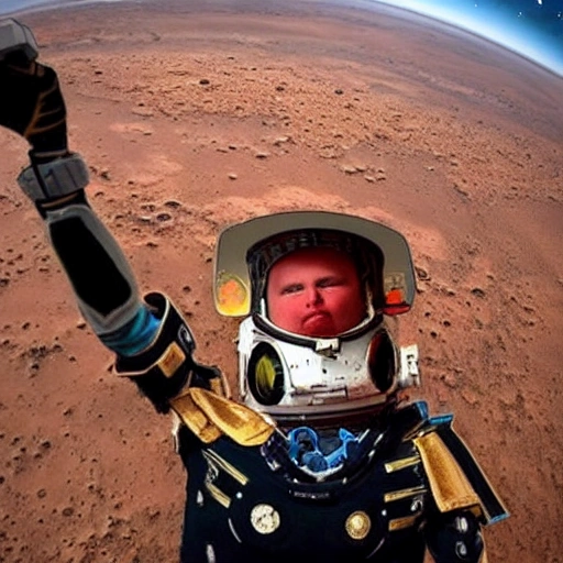 a selfie photo dressed as a galactic warrior with a background of mars and a view of the earth in outer space,, Trippy,