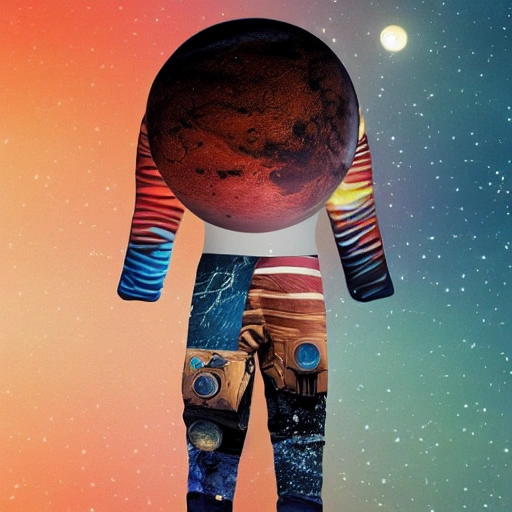 dressed as a galactic warrior with a background of mars and a view of the earth in outer space,, Trippy,