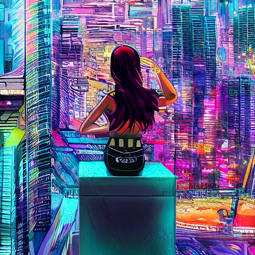 Behold a mesmerizing sight of a young woman amongst a high-tech futuristic cityscape, bursting with vibrant and extreme details." --ar 9:16, Trippy