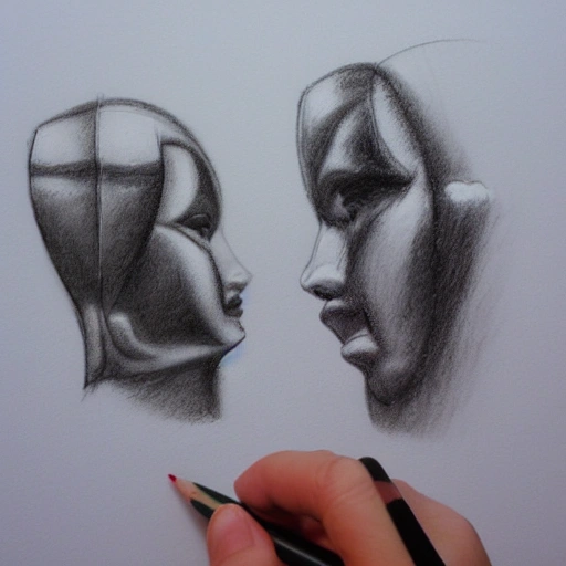 dos personas, hablando, frente a frente, sentadas, de cuerpo entero, coaching, Trippy, Pencil Sketch, 3D