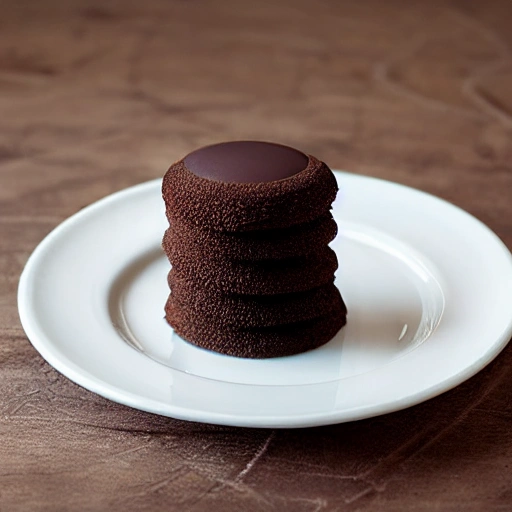 alfajor de chocolate, 3D, sobre un plato blanco, mesa de madera, 