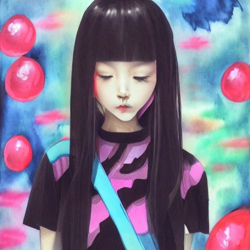 女孩，黑衣服, 3D, Trippy, Cartoon, Oil Painting, Water Color