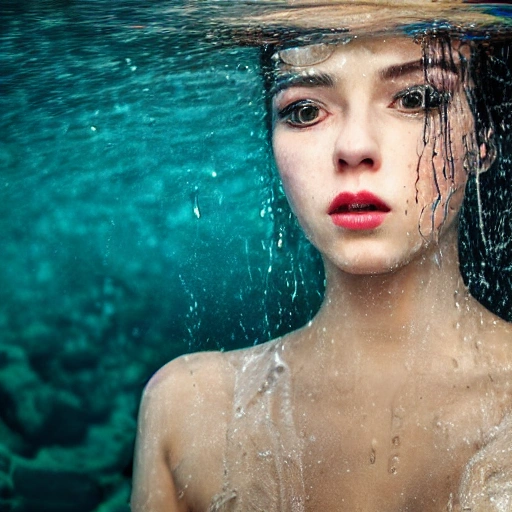 High detail RAW color photo professional, highly detail face: 1.4, a detailed portrait of a woman floating underwater wearing long flowing dress, nymph style, amazing underwater, detailed skin, wet clothes, wet hair, see-through clothes, lens flare, shade, tindal effect, lens flare, backlighting, bokeh
