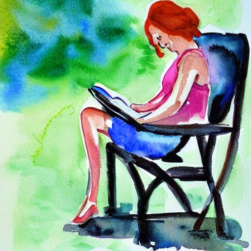 woman,read a book,walk the dog, Water Color