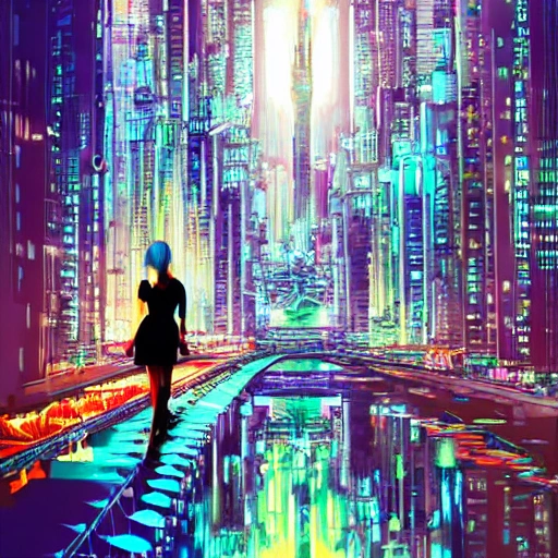 Behold a mesmerizing sight of a young woman amongst a high-tech futuristic cityscape, bursting with vibrant and extreme details." --ar 9:16 