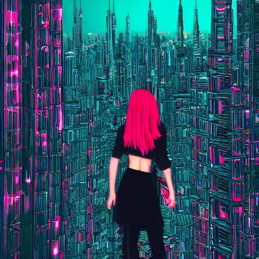 Behold a mesmerizing sight of a young woman amongst a high-tech futuristic cityscape, bursting with vibrant and extreme details." --ar 9:16 