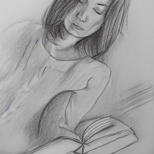 woman,read a book,walk the dog, Pencil Sketch