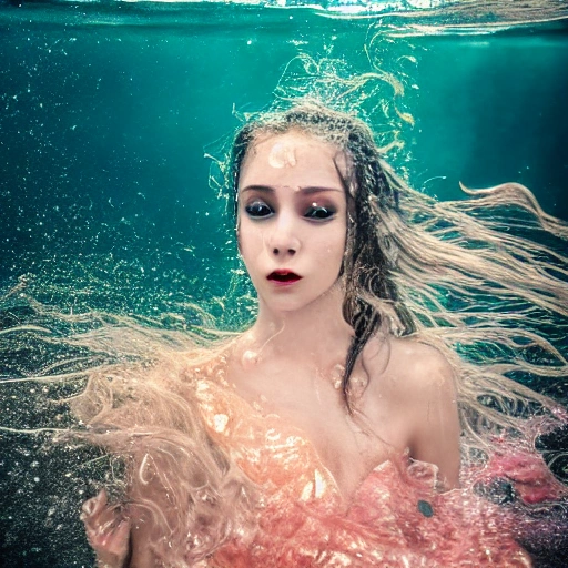 High detail RAW color photo professional, highly detail face: 1.4, a detailed portrait of a woman floating underwater wearing long flowing dress, nymph style, amazing underwater, detailed skin, wet clothes, wet hair, see-through clothes, lens flare, shade, tindal effect, lens flare, backlighting, bokeh