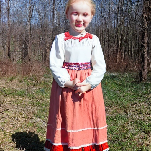 outdoors, russian, spring, russian style dress, showing teeth and smiling, a russian girl