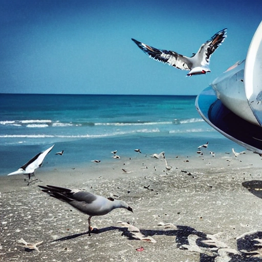 A person feeds seagulls at the beach,space ship
