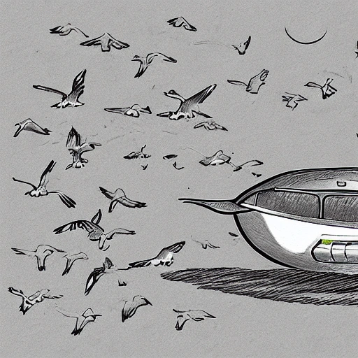 A person feeds seagulls at the beach,space ship, Pencil Sketch