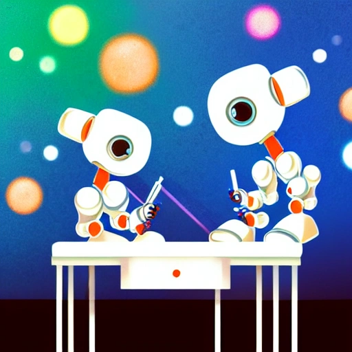 2 cute robots (one small and one large) doing homework at a desk, bokeh, Detailed and Intricate, Water Color