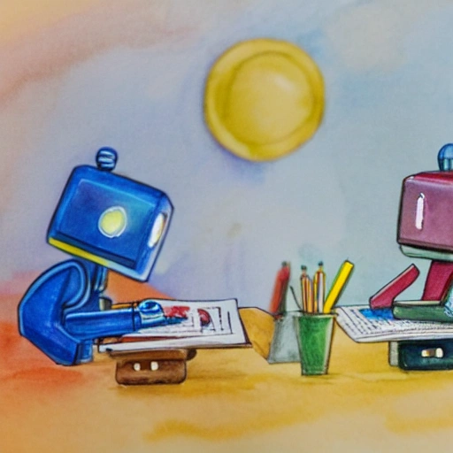 2 cute robots (one small and one large) doing homework at a desk, bokeh, Detailed and Intricate, Water Color