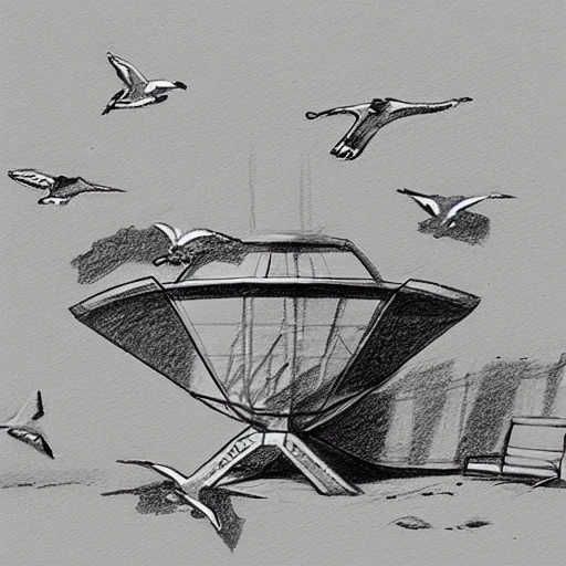 A person feeds seagulls at the beach,space ship, Pencil Sketch
