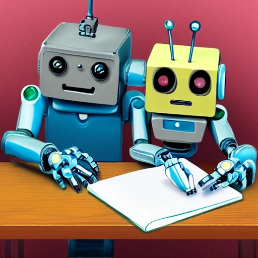 2 cute robots (one small and one large) doing homework at a desk, Detailed and Intricate, Water Color