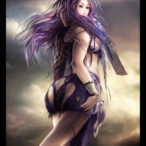 best quality, masterpiece,highly detailed,semi-realistic,1girl,upper body,raiden shogun,(ulzzang-6500-v1.1:0.5),large breasts,perfect face,glowing eyes,long hair,purple hair,hair ornament,lightning in sky,night sky,ancient building in background,depth of field,looking at viewer,