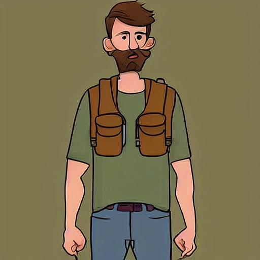 James is a tall man with a lean build, standing at 6 feet 2 inches. He has short, dark brown hair and a well-groomed beard. He has a rugged look with a few days' worth of stubble. He wears a khaki-colored hiking shirt with cargo pants and sturdy hiking boots. He carries a hiking backpack on his shoulders.
, Cartoon