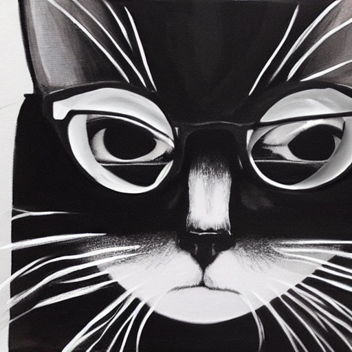 create an image of a cat's face in black and white, with glasses on, painted in oil