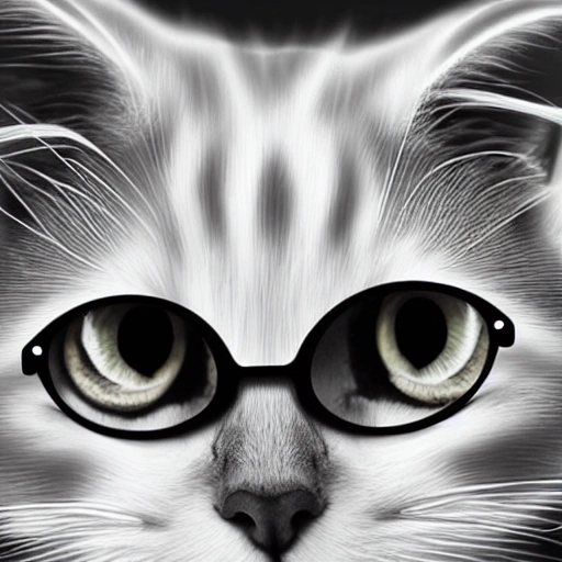 create an image of a cat's face in black and white in 3d, with glasses on, painted in oil