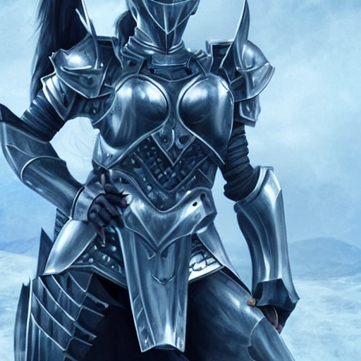 A beautiful girl wearing armor, full body photo, beautiful face, blue eyes, double butt, big chest, long legs, muscle and flesh, fragmented armor, silver chain armor,, 3D