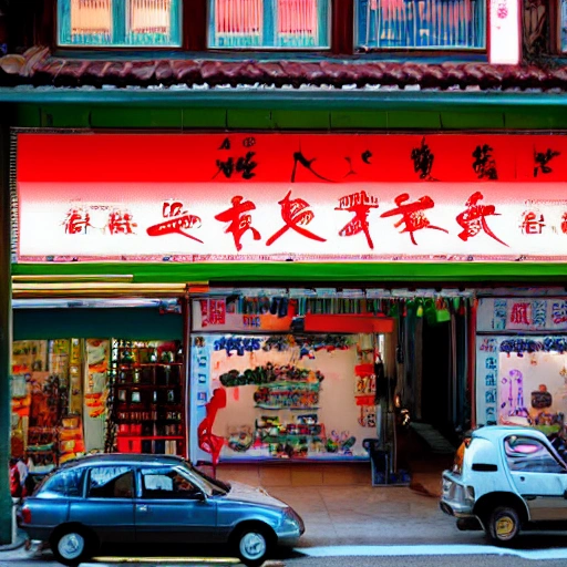 a shop with the banner"江湖烧烤“, in midnight, cars, Cartoon