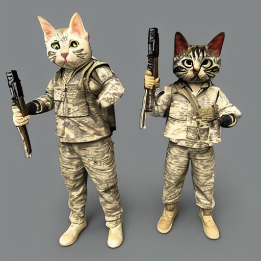 three cats in military clothing with a weapon in their hands, hu ...