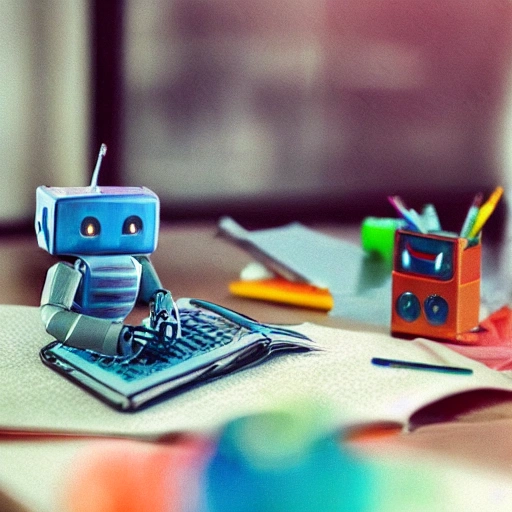 2 cute robots (one small and one grown) doing homework at a desk, bokeh, Detailed and Intricate, Water Color
