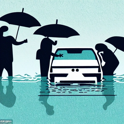 heavy precipitation events, People check for victims in flooded cars on a road, illustration style
