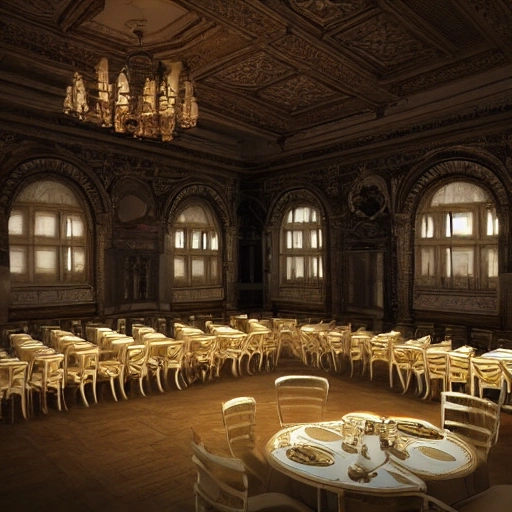 create a digital matte painting of a single chair in the middle of an empty medieval ballroom, maximilistic, ultra detailed, ultra realistic,  atmospheric, dramatic lighting, fantastical, unreal engine 5