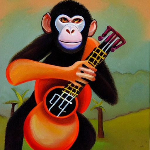 A monkey playing an ukelele while it rides a monocycle, Oil Painting