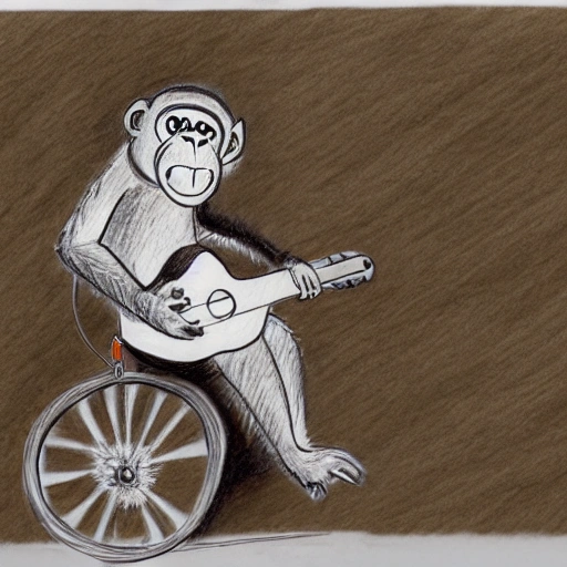 A monkey playing an ukelele while it rides a monocycle, Pencil Sketch