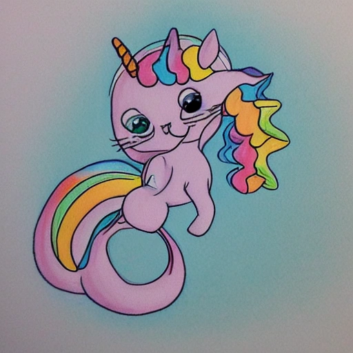 Gato kawai
 con alas  y unicornio para iluminar, Cartoon, Pencil Sketch